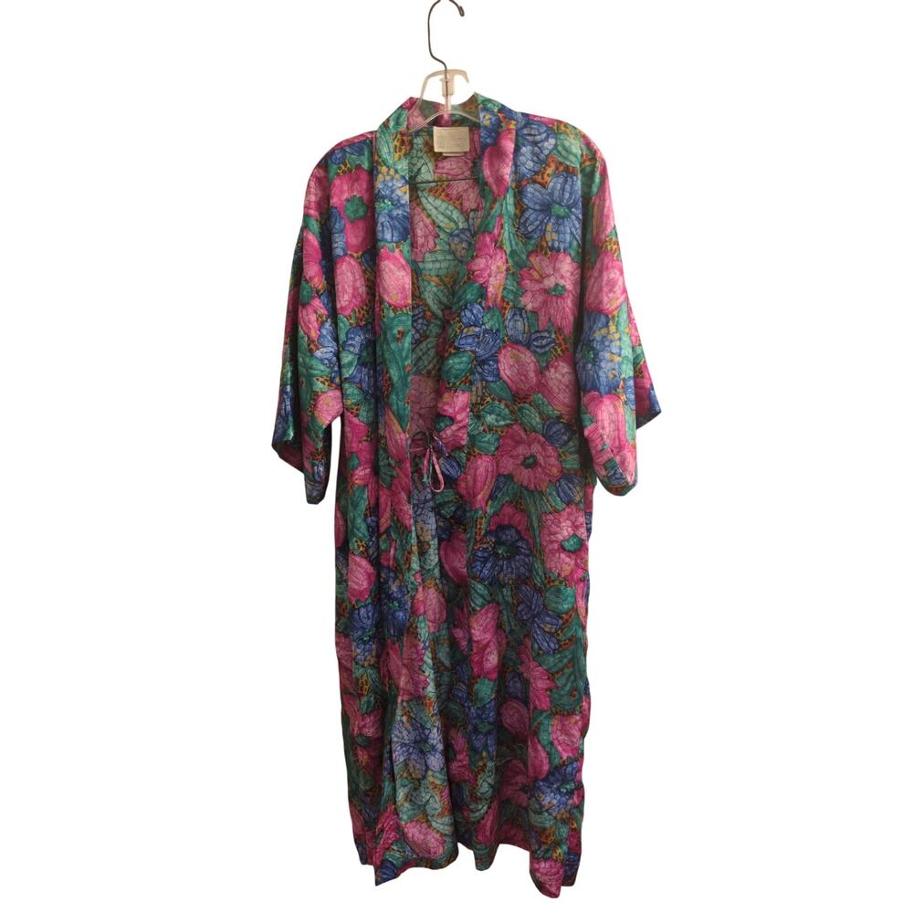 Vintage California Dynasty Floral Robe Medium 80s 90s Pockets Made in USA